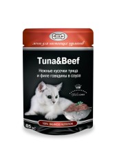 Gina консервы для кошек нежные кусочки тунца и филе говядины в соусе пауч 85 гр.